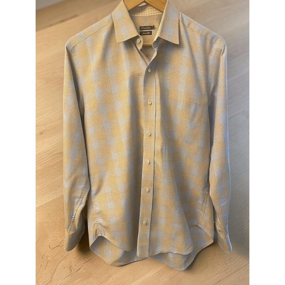 J.McLaughlin Button Down Slim Fit Glen Plaid Tan & Light Blue Mens Small